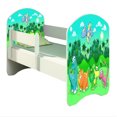 ACMA Children's Bed 180 x 80 cm with Mattress, Fall Protection, Slatted Base, White, Dinosaur Design 30