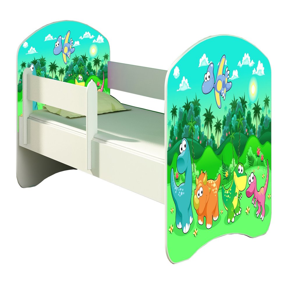 ACMA Children's Bed 180 x 80 cm with Mattress, Fall Protection, Slatted Base, White, Dinosaur Design 30