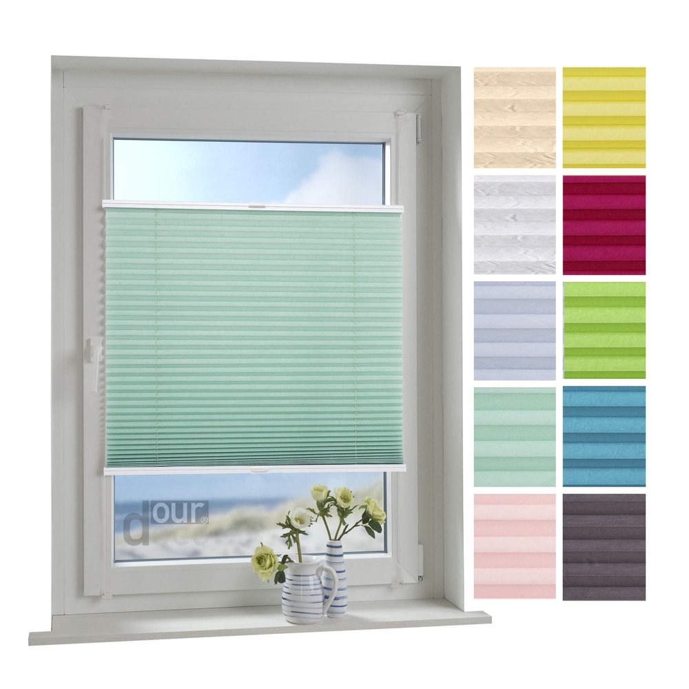 ourdeco Pleated Blind, 45 x 150 cm, Pastel Green, Light-Transmitting and Opaque, Tensioned, Clamp-On, No Drilling