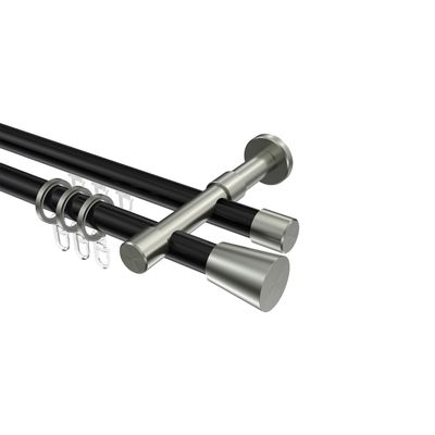 INTERDECO 20 mm Round-Tube Double Curtain Rod with Internal Track, Black with Stainless Steel Look, 180 cm