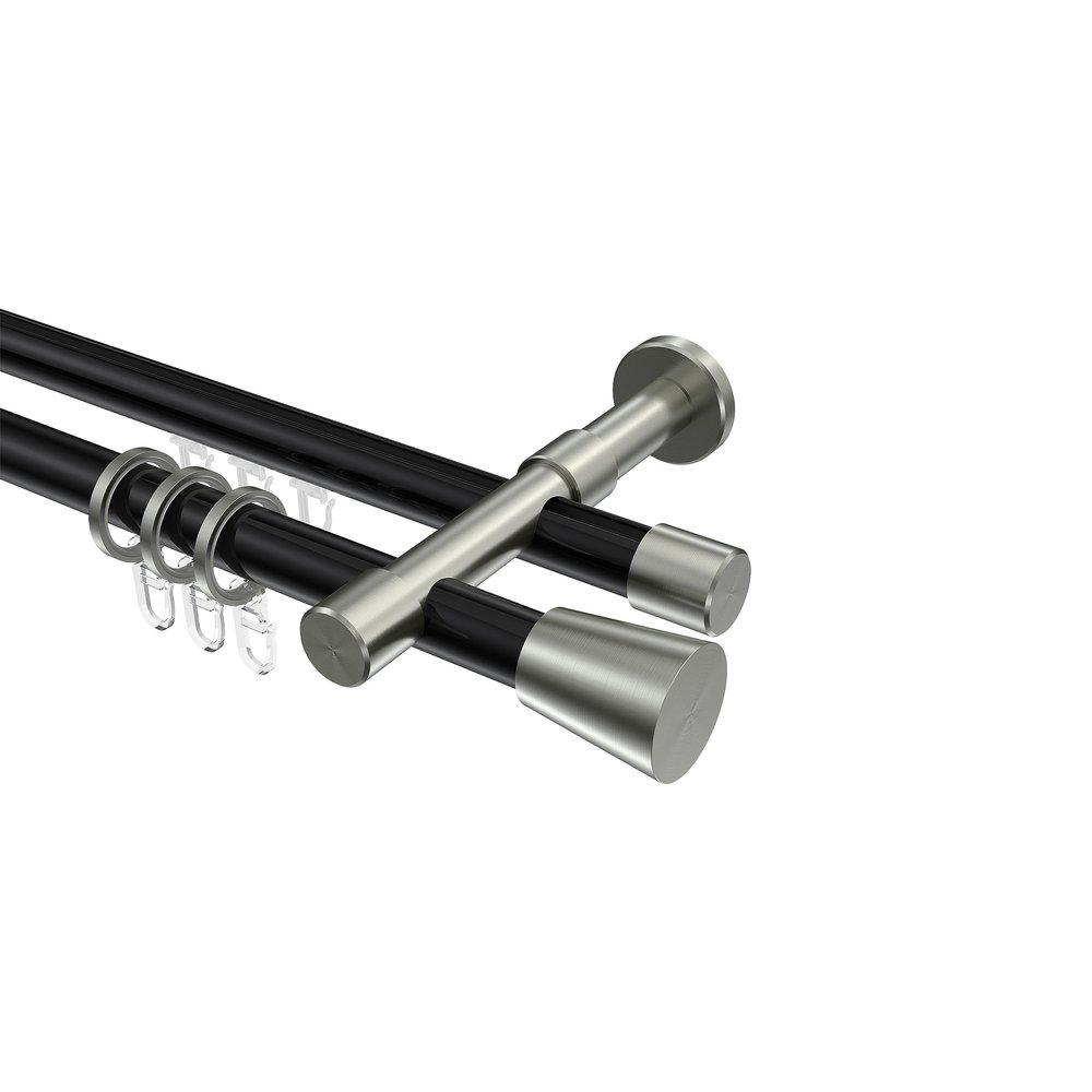 INTERDECO 20 mm Round-Tube Double Curtain Rod with Internal Track, Black with Stainless Steel Look, 180 cm