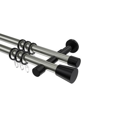 INTERDECO 20 mm Double Curtain Rod, Stainless Steel Look with Black, 100 cm