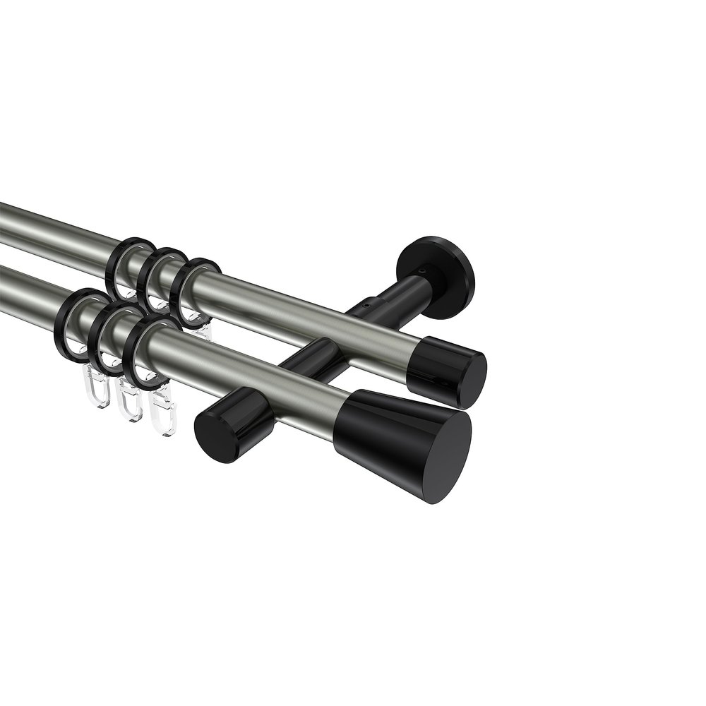 INTERDECO 20 mm Double Curtain Rod, Stainless Steel Look with Black, 100 cm