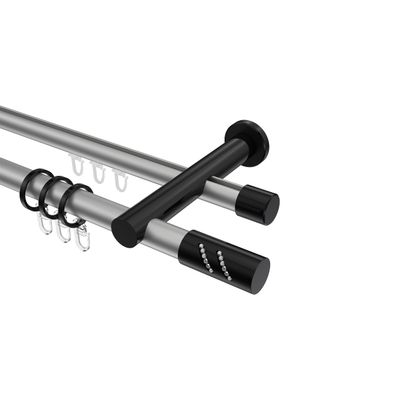 INTERDECO 20 mm Double Curtain Rod with Internal Track, Silver Gray/Black, 120 cm
