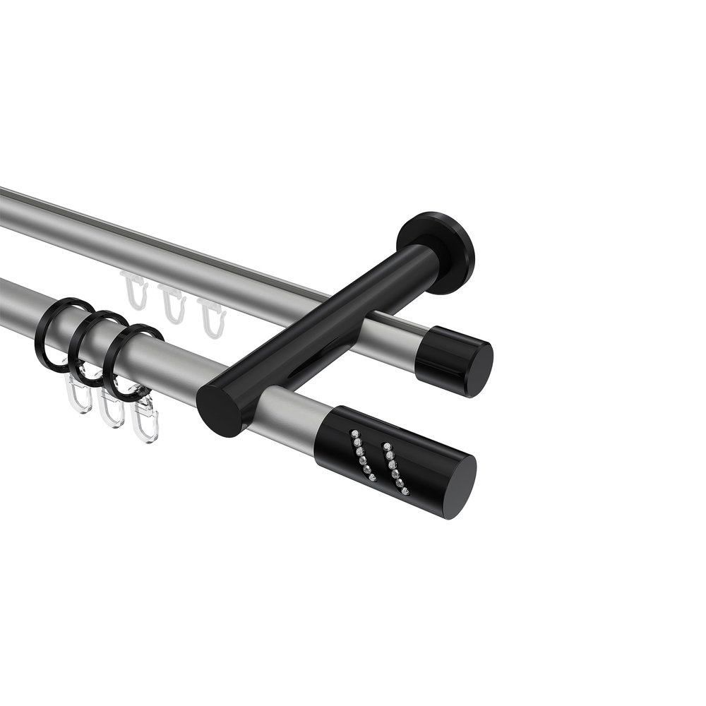 INTERDECO 20 mm Double Curtain Rod with Internal Track, Silver Gray/Black, 120 cm