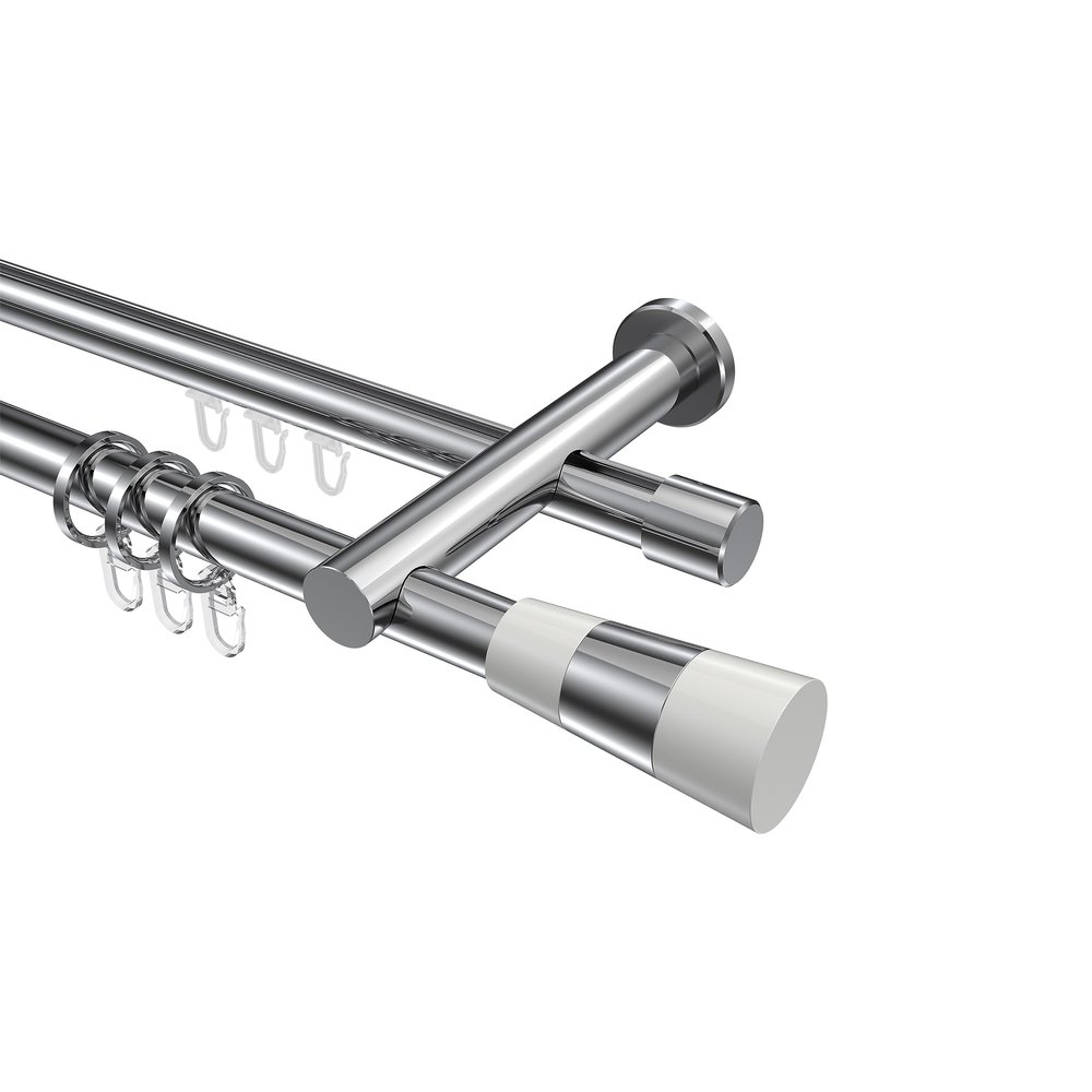 INTERDECO 20 mm Double-Track Round-Tube Curtain Rod, Chrome, 140 cm