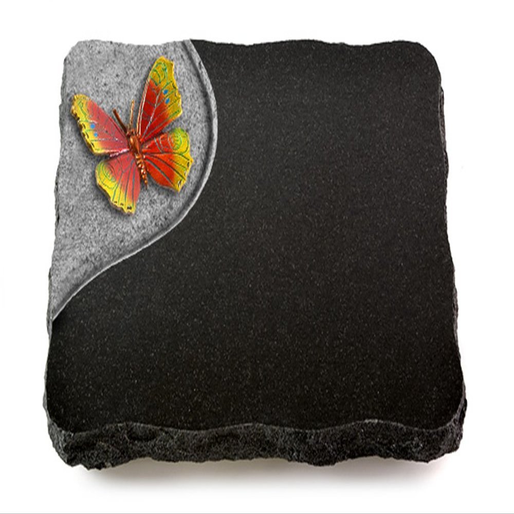 MEMORUM Folio Memorial Plaque 40 x 30 x 5 cm, Indian Black Granite, Polished, Engraved with Bronze-Color Papillon 2 Ornament