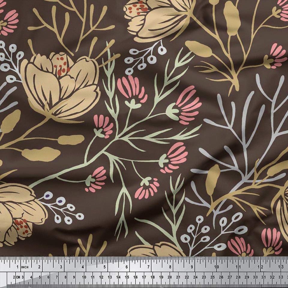 Soimoi 55 GSM Viscose Chiffon Fabric, Floral, 42 in. Wide, Dark Brown