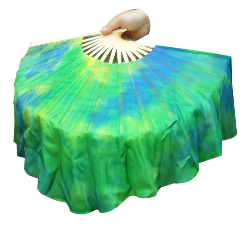 Winged Sirenny Short Silk Dance Fans, Pair, Hand-Painted Chinese Fans, 10 cm Veil over 30 cm Bamboo Ribs (Brise)