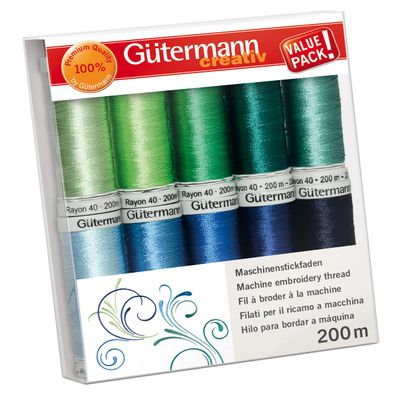 Gütermann Rayon No. 40 Machine Embroidery Thread Set, 10 x 200 m, Green and Blue