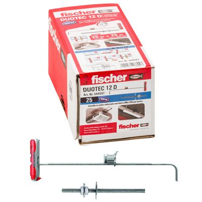 Fischer 25-Piece DUOTEC 12 Drywall Anchor Set with M6 Metric Screws, 12 mm Hole, Gray