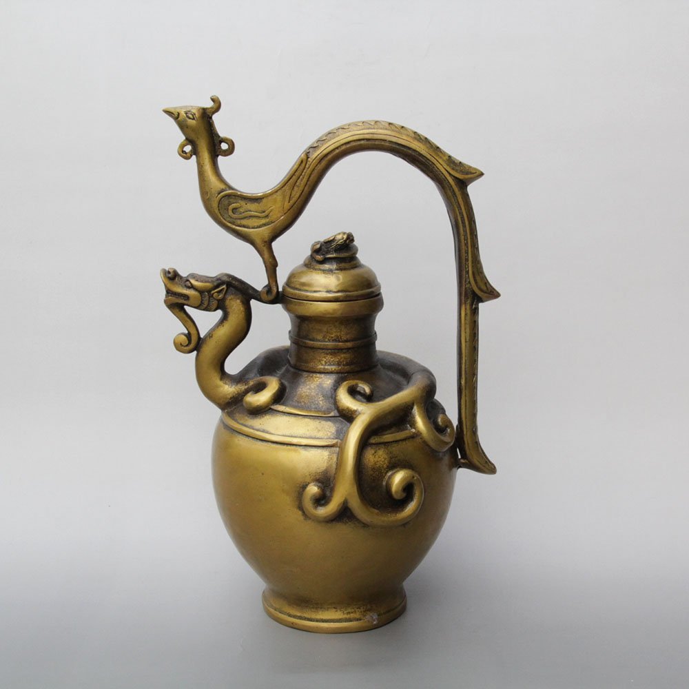 YUNHAO Feng Shui Chinese Brass Rice Wine Pot Dragon and Phoenix Statue