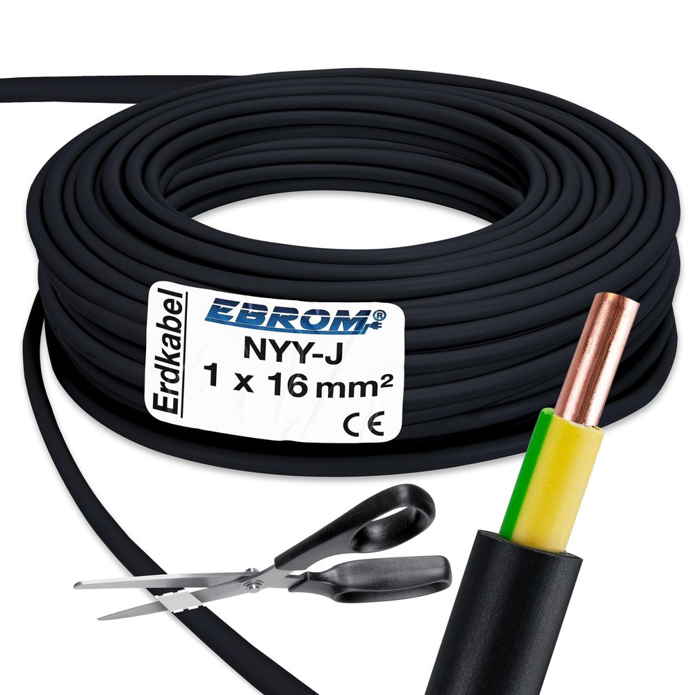 EBROM NYY-J 1x16 mm Grounding Cable for Lightning Protection, Black, 60 m