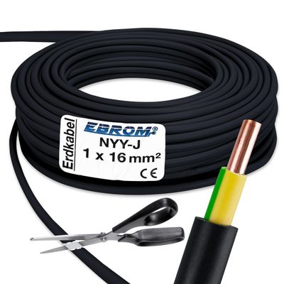 EBROM NYY-J 1x16 mm Grounding Cable for Lightning Protection, Black, 43 m