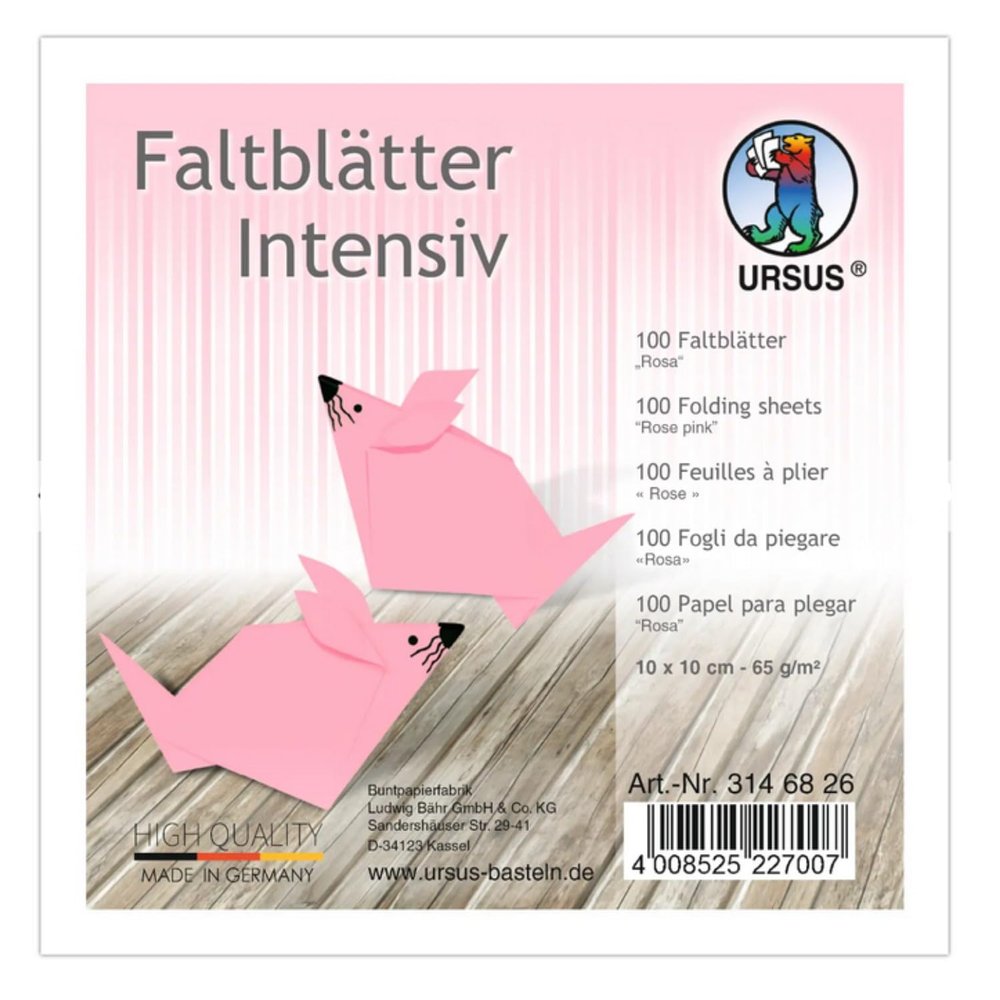 Ursus 3146826 Solid-Color Origami Paper, Intense Pink, approx. 10 x 10 cm, 65 gsm, 100 Sheets