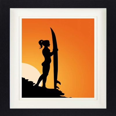 1art1 Beautiful Women Framed Poster, Surfer Silhouette at Sunset, 40 x 30 cm