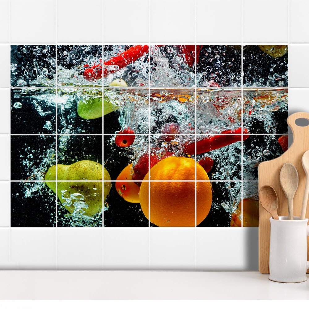 GRAZDesign Kitchen Tile Stickers, Fruit in Water, Self-Adhesive Wall Tile Decals – 25 x 20 cm / Image: 135 x 90 cm (W x H)