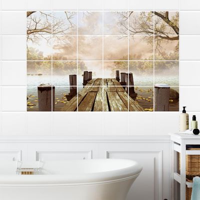GRAZDesign Bathroom Tile Stickers Lake Pier Nature Brown Self-Adhesive Tile Mural, 120 x 80 cm (W x H)