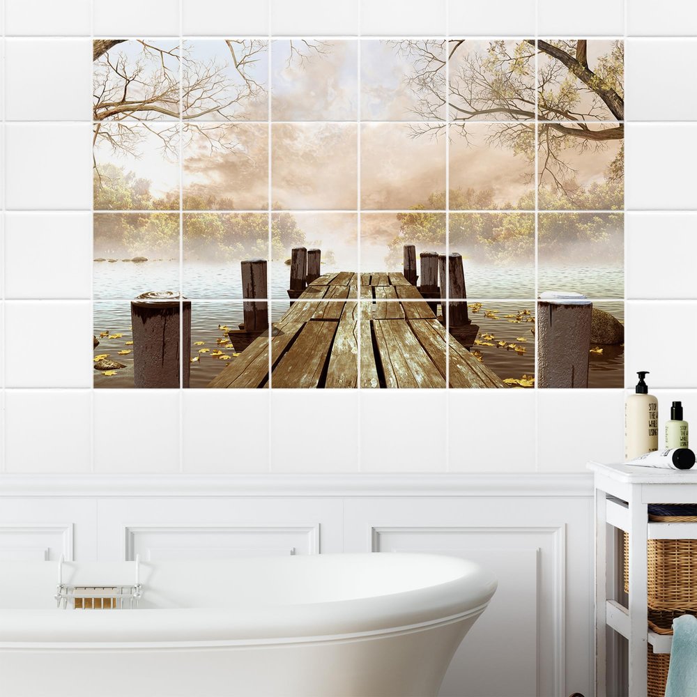 GRAZDesign Bathroom Tile Stickers Lake Pier Nature Brown Self-Adhesive Tile Mural, 120 x 80 cm (W x H)