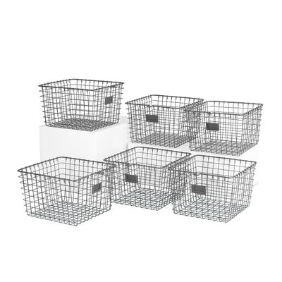 Spectrum Diversified Wire Vintage Spindle Baskets, Rustic Farmhouse Style, Steel Storage Baskets for Cabinets, Pantry, Kitchen, Garage, Bathroom and More, Medium, 6-Pack, Industrial Gray