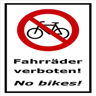No Bicycles Sign – No Bikes, Bilingual, 60 x 40 cm, Sticker, Multiple Sizes/Materials