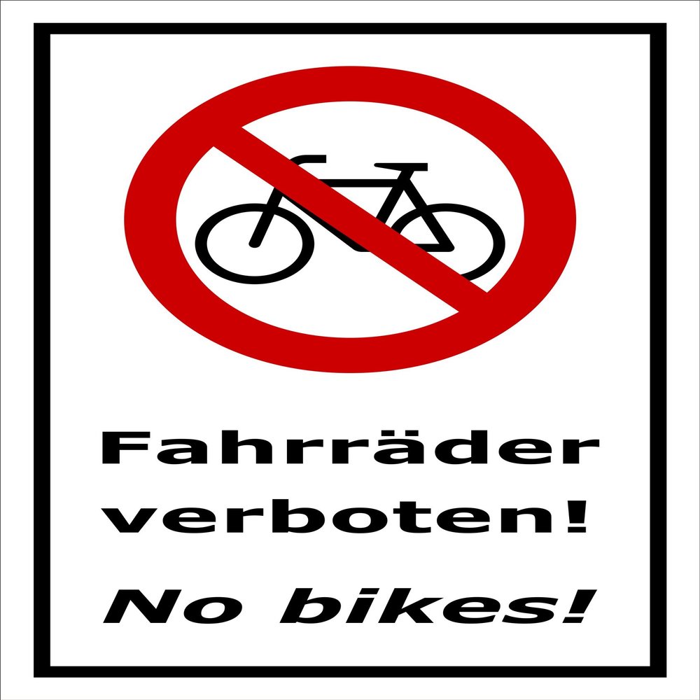No Bicycles Sign – No Bikes, Bilingual, 60 x 40 cm, Sticker, Multiple Sizes/Materials