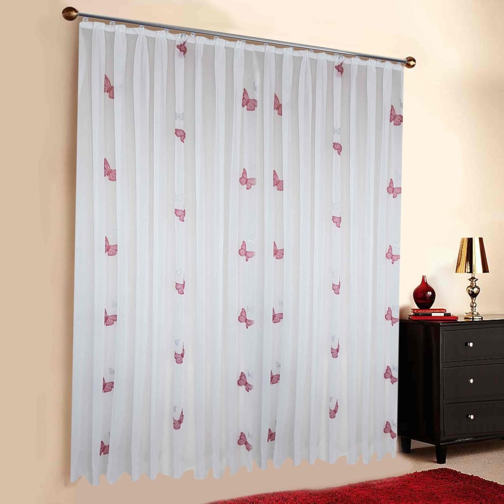 Sun World Custom-Made White Scherli Voile Sheer Curtain with Butterfly Design and Gather Tape, Made to Measure, Height: 90–295 cm (Red, 90 x 900 cm H x W)