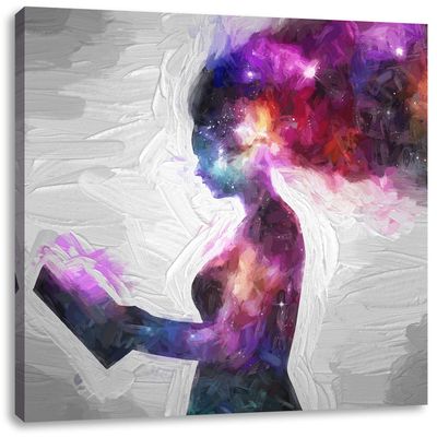 Pixxprint Abstract Woman with Book Artwork, 70 x 70 cm, Square Canvas Wall Art, Ready-Stretched