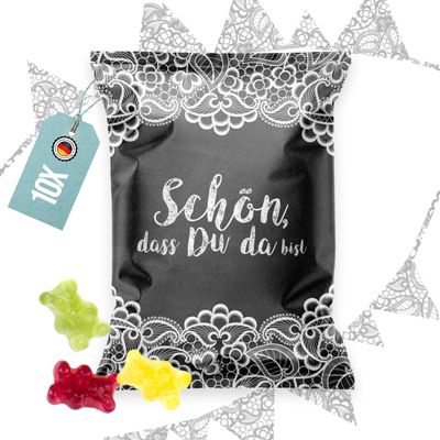 Logbuch-Verlag 10 Mini Bags of Gummy Bears, Black and White, “Nice That You’re Here” Guest Favors