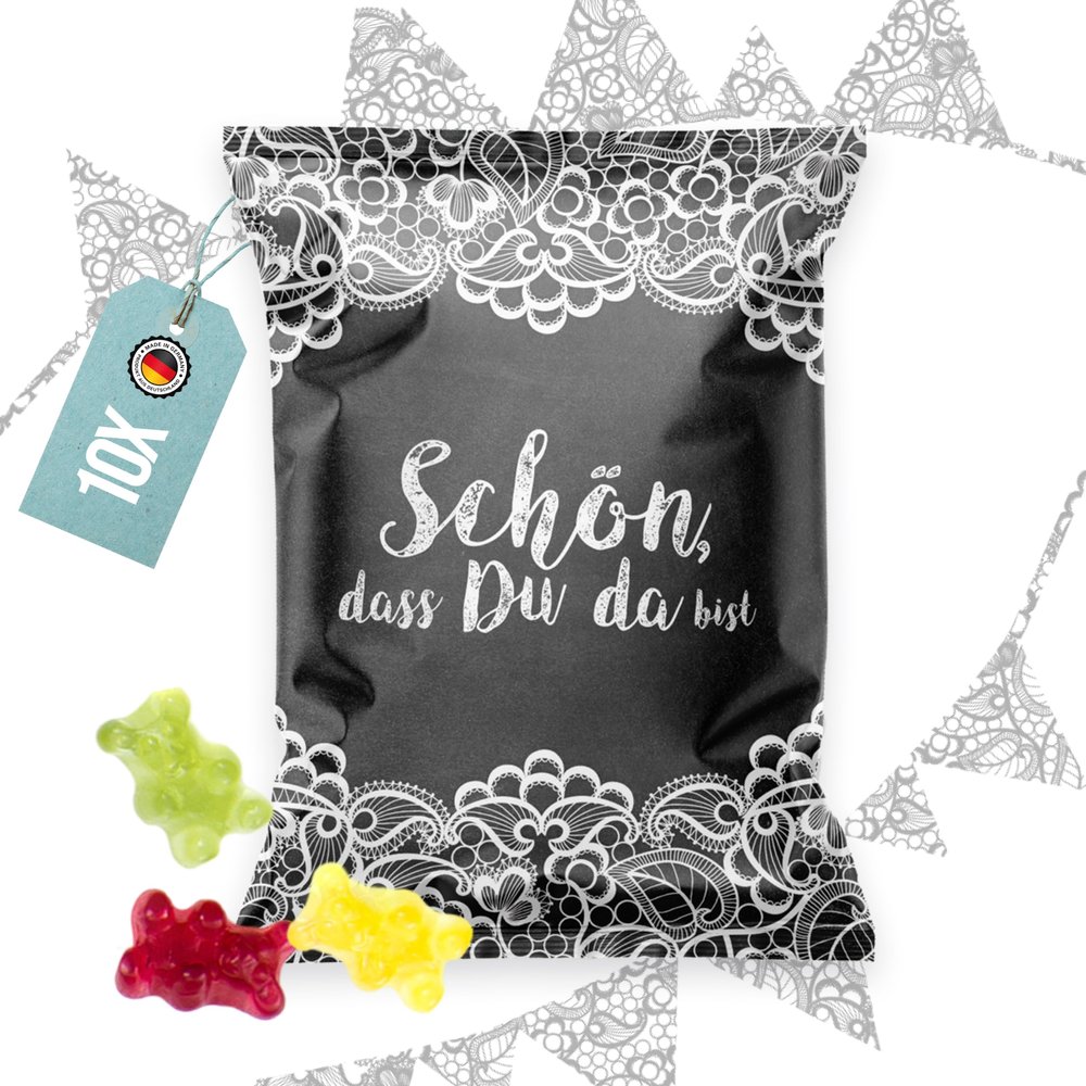 Logbuch-Verlag 10 Mini Bags of Gummy Bears, Black and White, “Nice That You’re Here” Guest Favors