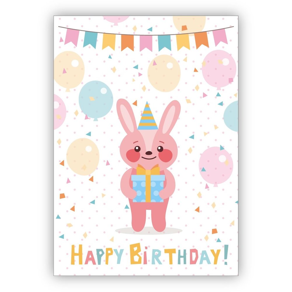 Kartenkaufrausch Colorful Birthday Card with Bunny, Gift and Balloons