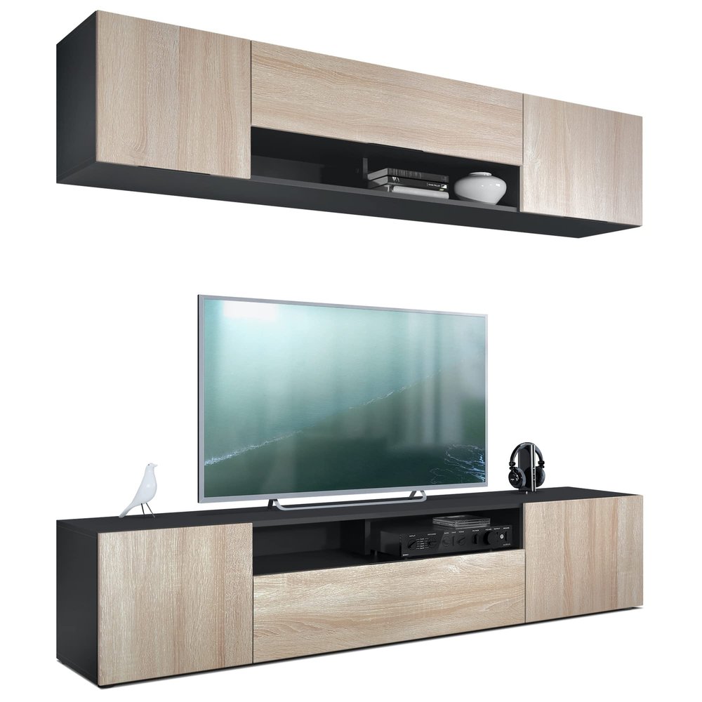 Vladon Mogan Wall Unit, Matte Black/Sawn Oak – Modern Wall Unit with 2 TV Boards (181 x 147 x 35 cm)