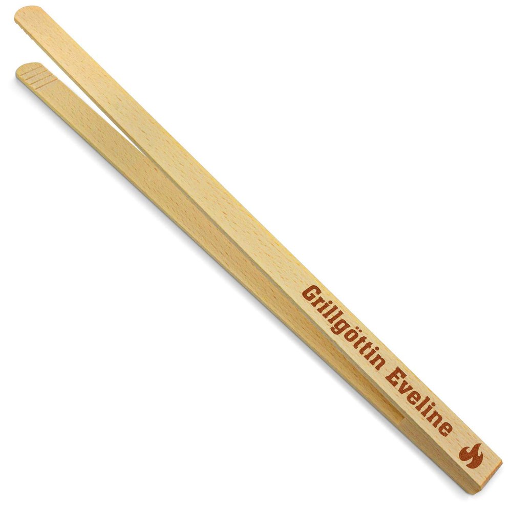 printplanet - 40 cm Wooden Grill Tongs with Engraved Grill Goddess Eveline