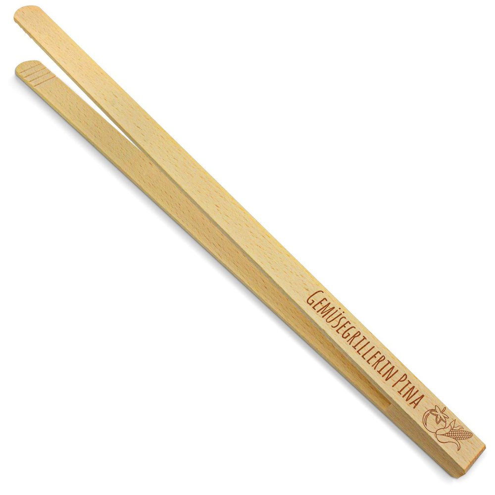 printplanet - Wooden BBQ Tongs with Vegetable Griller Pina - Engraved - 40 cm
