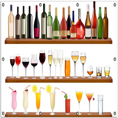 Wallario Outdoor Poster for Garden or Balcony, Liquor Shelf with Colorful Bottles, approx. 100 x 150 cm