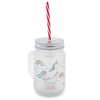 printplanet Personalized Handled Drinking Glass with Straw, Elisa, Flying Unicorn