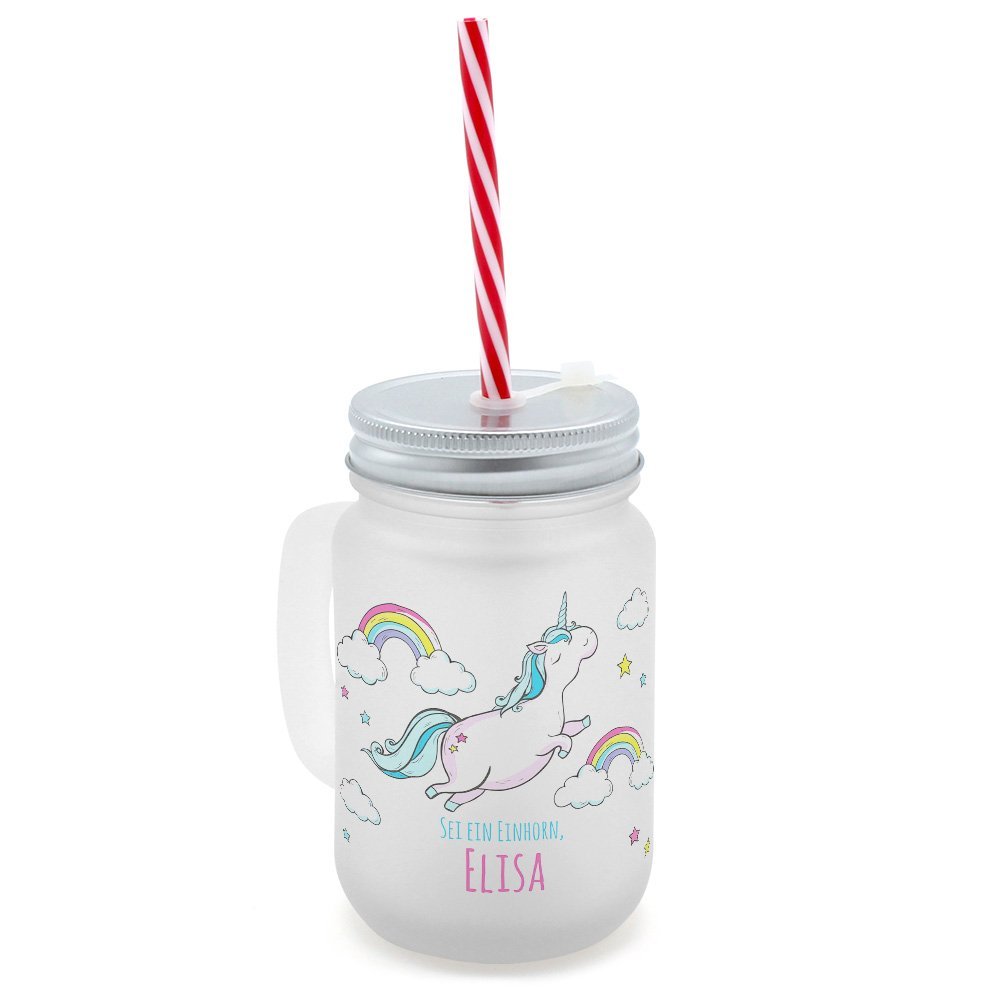 printplanet Personalized Handled Drinking Glass with Straw, Elisa, Flying Unicorn