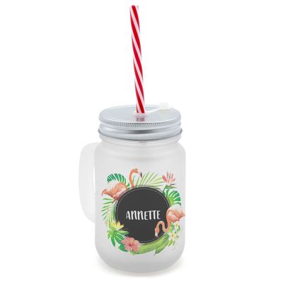 printplanet Personalized Handle Glass with Straw – Annette, Tropical Design