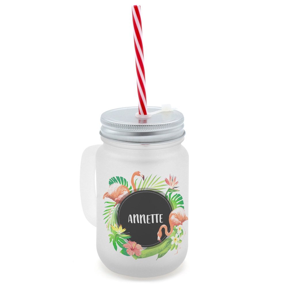 printplanet Personalized Handle Glass with Straw – Annette, Tropical Design
