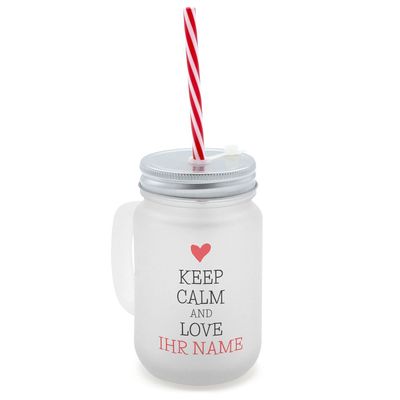 printplanet Personalized Keep Calm Handled Glass with Lid and Reusable Straw