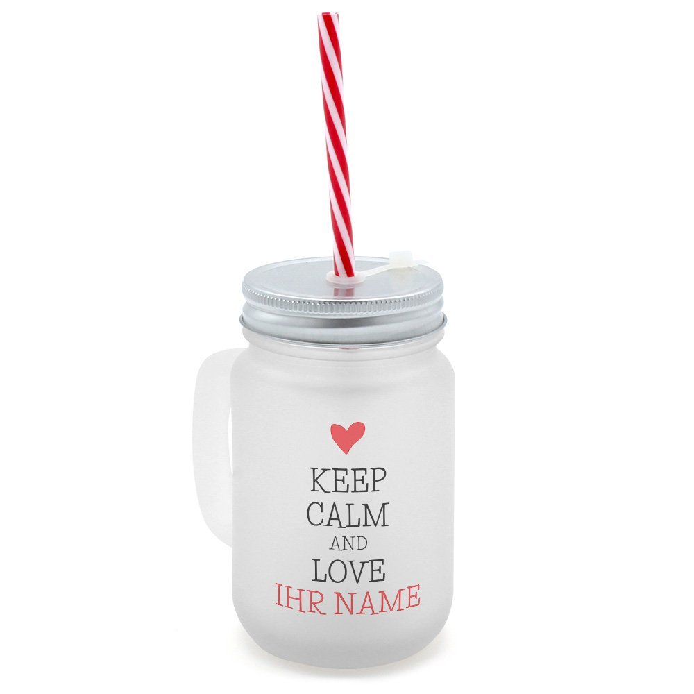 printplanet Personalized Keep Calm Handled Glass with Lid and Reusable Straw