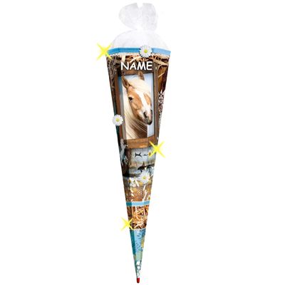 Personalized Horse & Flowers School Cone, 70 cm, 3D Flowers & Ruffle Trim