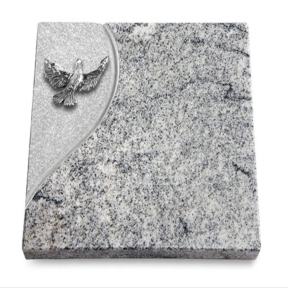 Folio Grave Plaque 40 x 30 x 3–4 cm, Viskont White Granite, Polished, with Engraving and Aluminum Dove Ornament