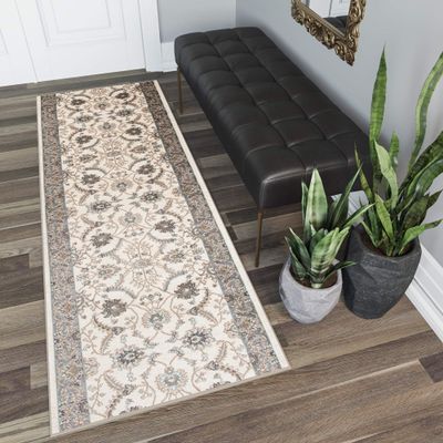 TAPISO Dubai Cream Runner Rug with Classic Traditional Floral Ornament Pattern, 80 x 360 cm