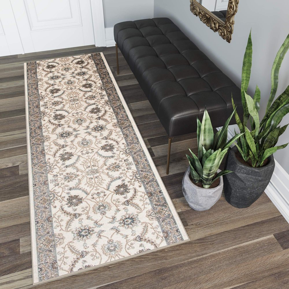 TAPISO Dubai Cream Runner Rug with Classic Traditional Floral Ornament Pattern, 80 x 360 cm