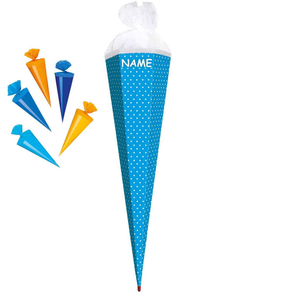 School Cone Set with 5 Mini Candy Cones, Blue/Turquoise, 70 cm, Personalized
