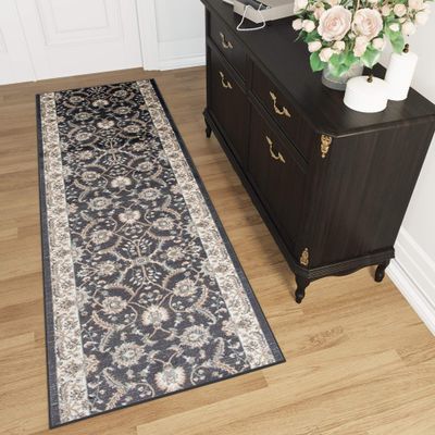 TAPISO Dubai Runner Rug, Black/Cream, Classic Traditional Ornamental Floral Pattern, KOTEX, 70 x 1500 cm