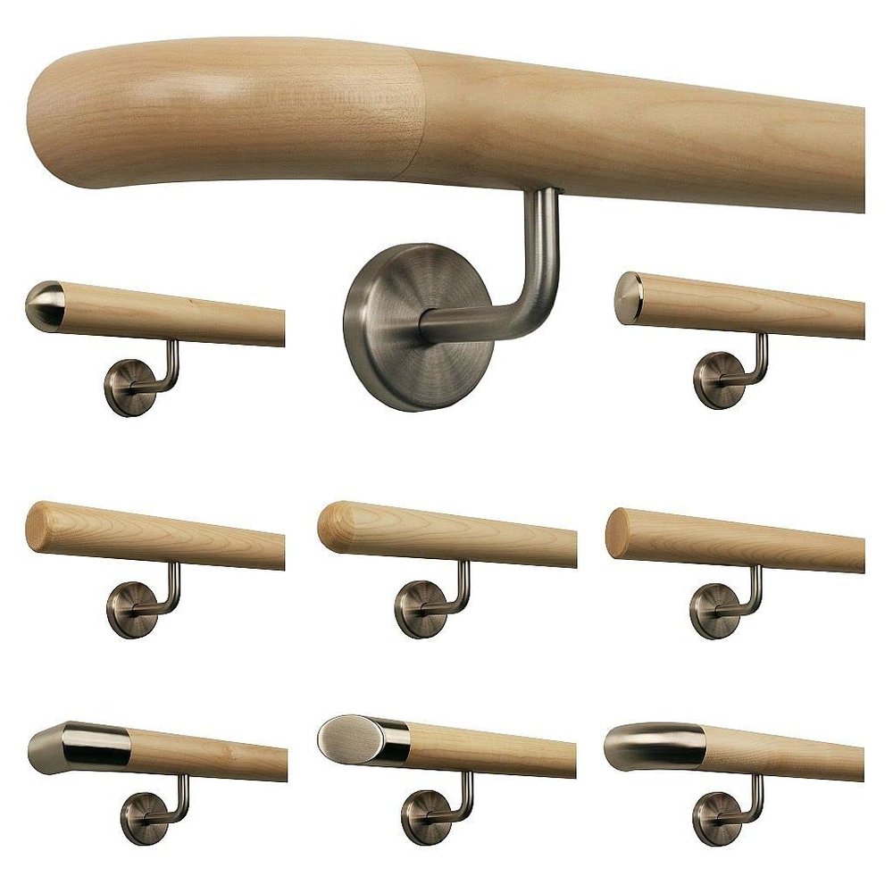 Maple Stair Handrail, 380 cm, with 5 Angled Stainless Steel Brackets and Wooden Curved End Piece