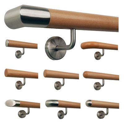 TIBU Beech Wood Stair Handrail with Stainless Steel Holders, 30–500 cm, One Piece — Variant: 240 cm with 4 Holders and Stainless Steel Corner End Piece