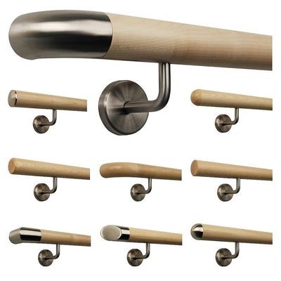 Maple Stair Railing Handrail, Angled Stainless Steel Brackets, 160 cm, 3 Brackets